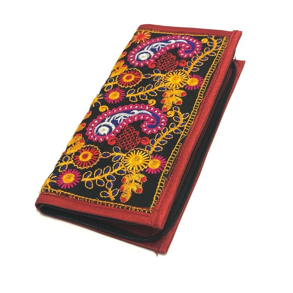 Embroidered Red and Black Women's Wallet - Boho Floral Design